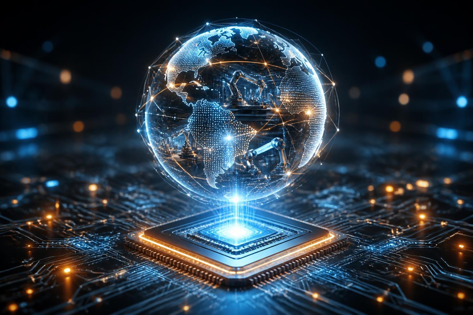 Leuchtendes Weltmodell schwebt über einem KI-Chip mit angedeuteten Robotikpfaden.