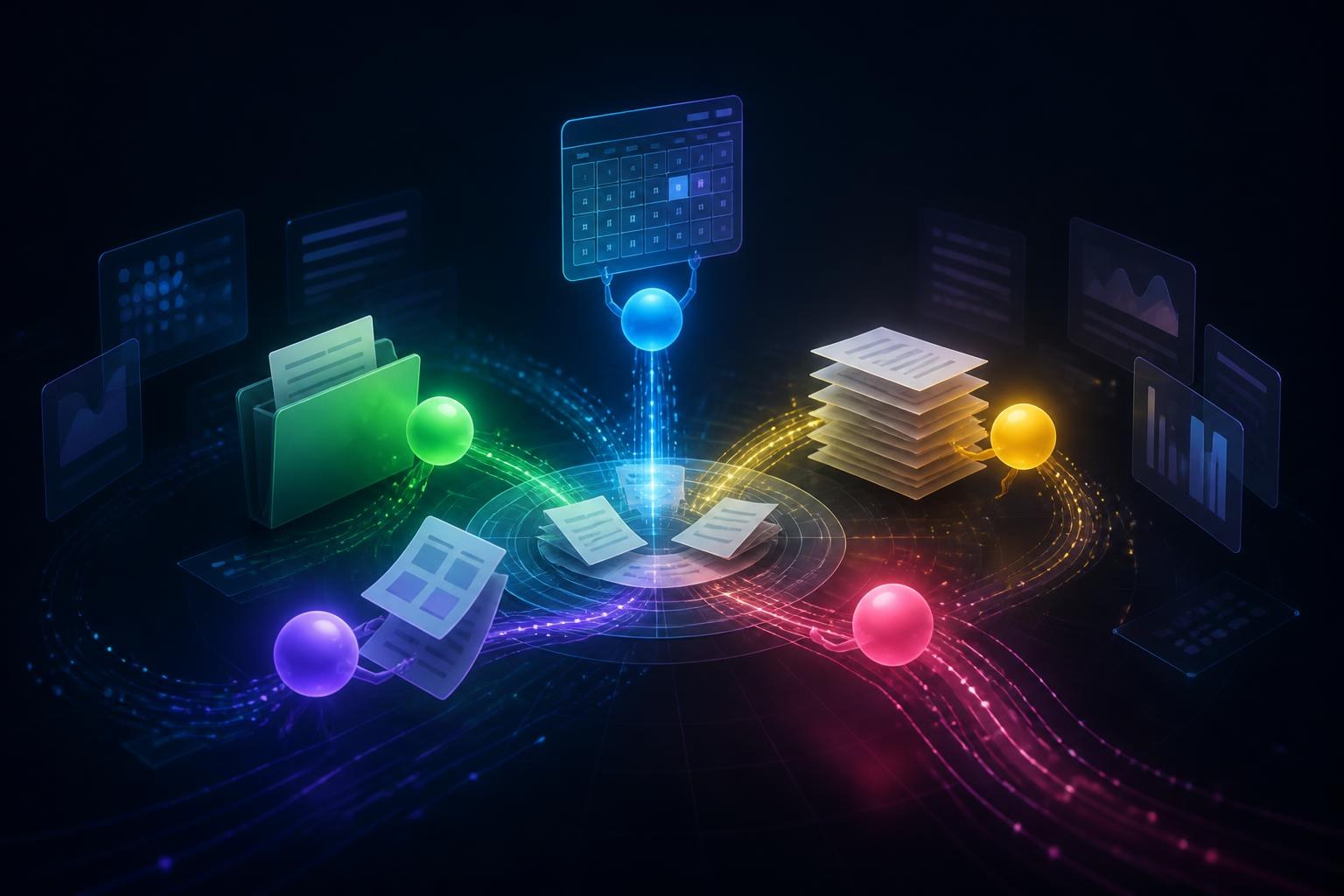 Leuchtende Punkte koordinieren selbstständig digitale Aufgaben und Datenströme.