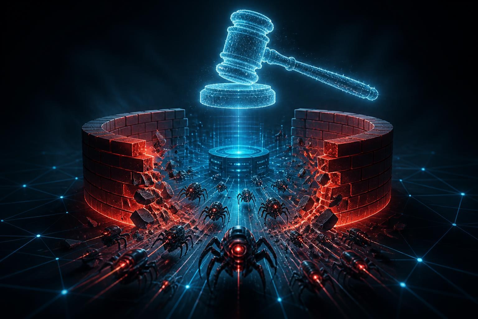 Digitaler Agentenschwarm durchbricht eine Firewall neben einem abstrakten Gerichtshammer.