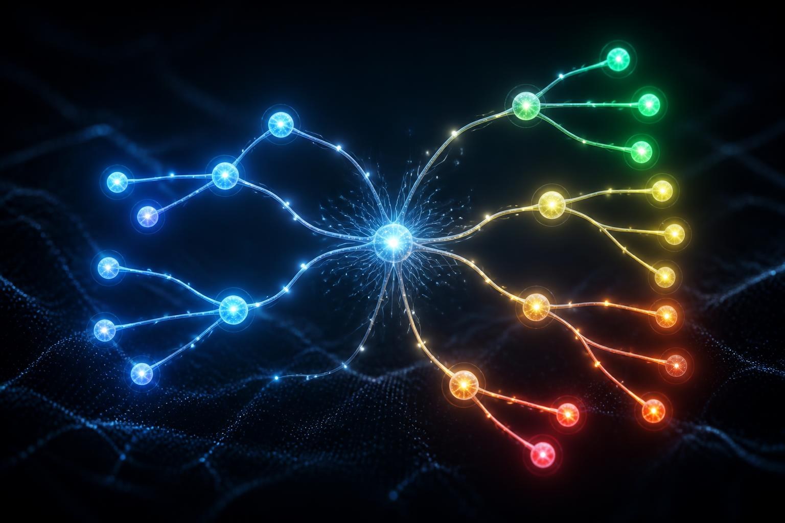 Leuchtendes neuronales Netz mit Wahrscheinlichkeitsknoten und mehreren Entscheidungswegen.