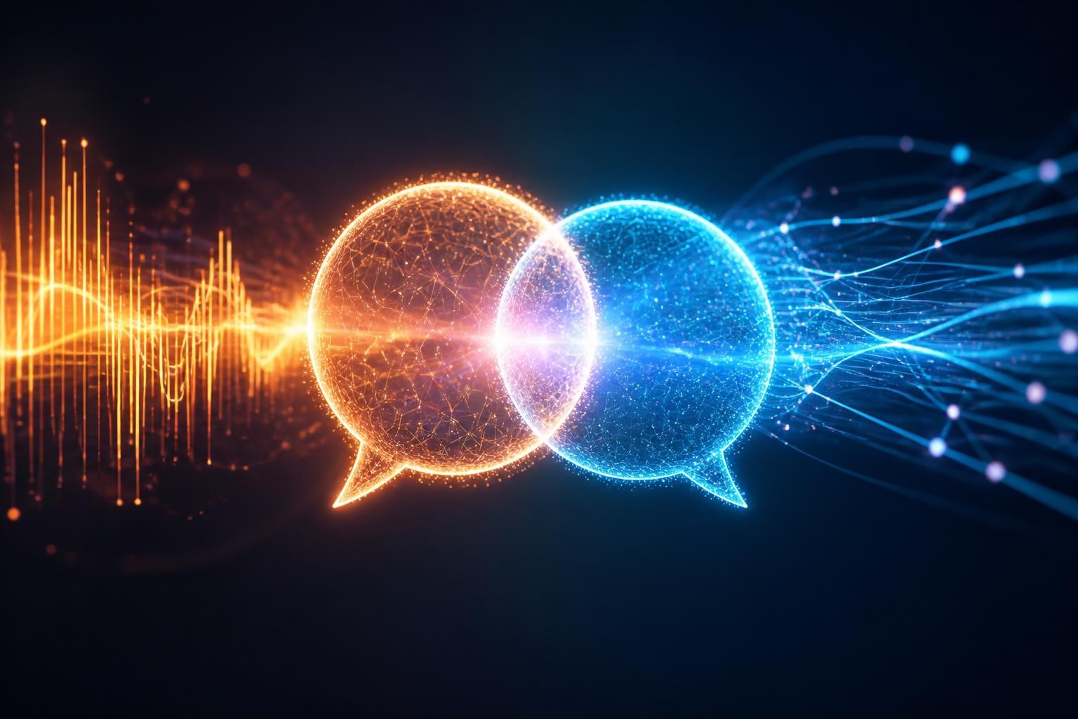 Leuchtende Schallwellen und Datenlinien symbolisieren Echtzeit-Sprachverarbeitung.