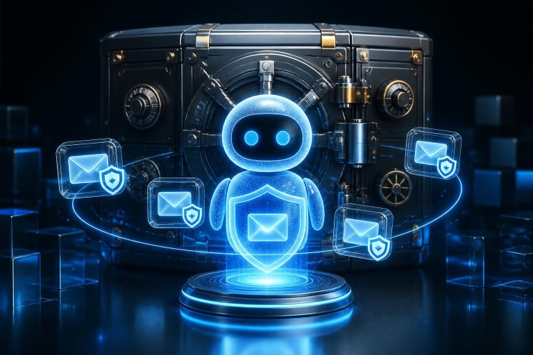 Abstrakter digitaler Tresor schützt private Daten vor einem KI-Agenten.