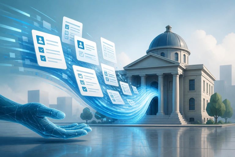 Digitale Formulare strömen mithilfe einer abstrakten KI zu einem Verwaltungsgebäude.