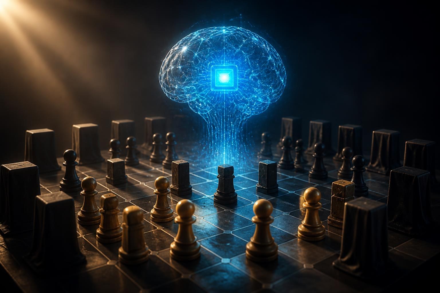 Abstrakter KI-Kern über einem Stratego-Spielfeld mit verdeckten Figuren.