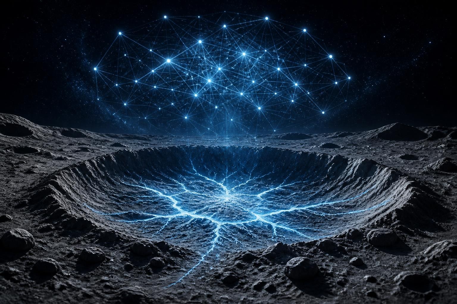 Mondkrater mit blau leuchtenden Eisvorkommen und einem abstrakten neuronalen Netz.