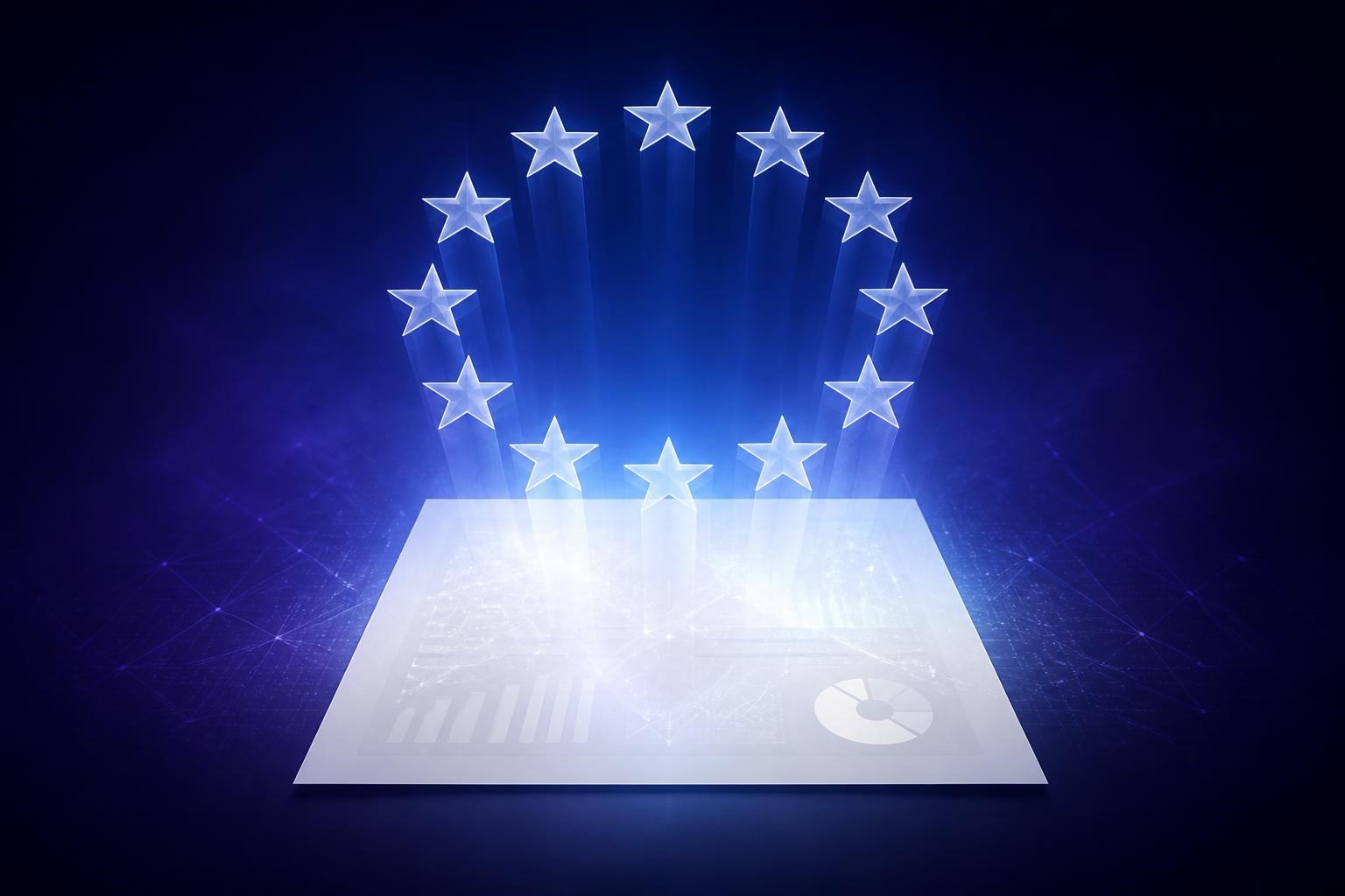 Abstraktes Blatt mit unsichtbaren digitalen Mustern und europäischem Lichtkreis.
