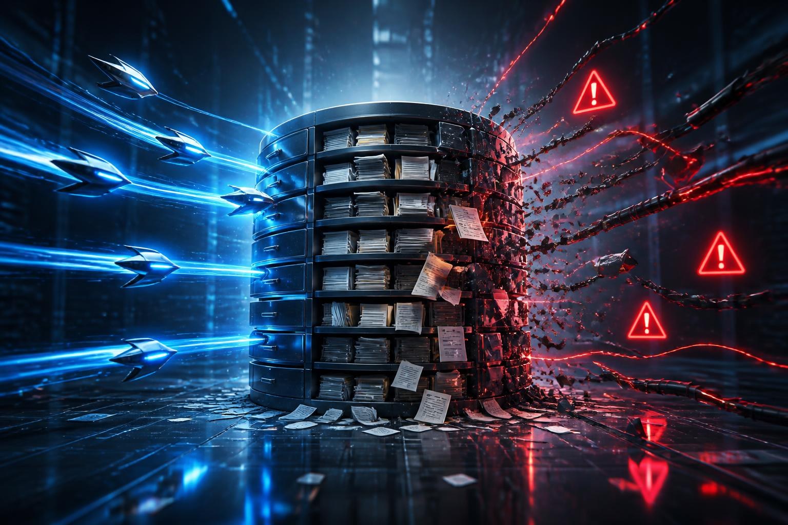 Abstrakte Darstellung autonomer KI-Agenten, die ein digitales Wissensarchiv überlasten.