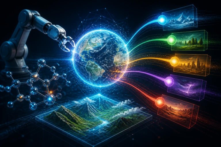 Abstraktes Weltmodell, das Robotik, Moleküle und wissenschaftliche Vorhersagen verbindet.