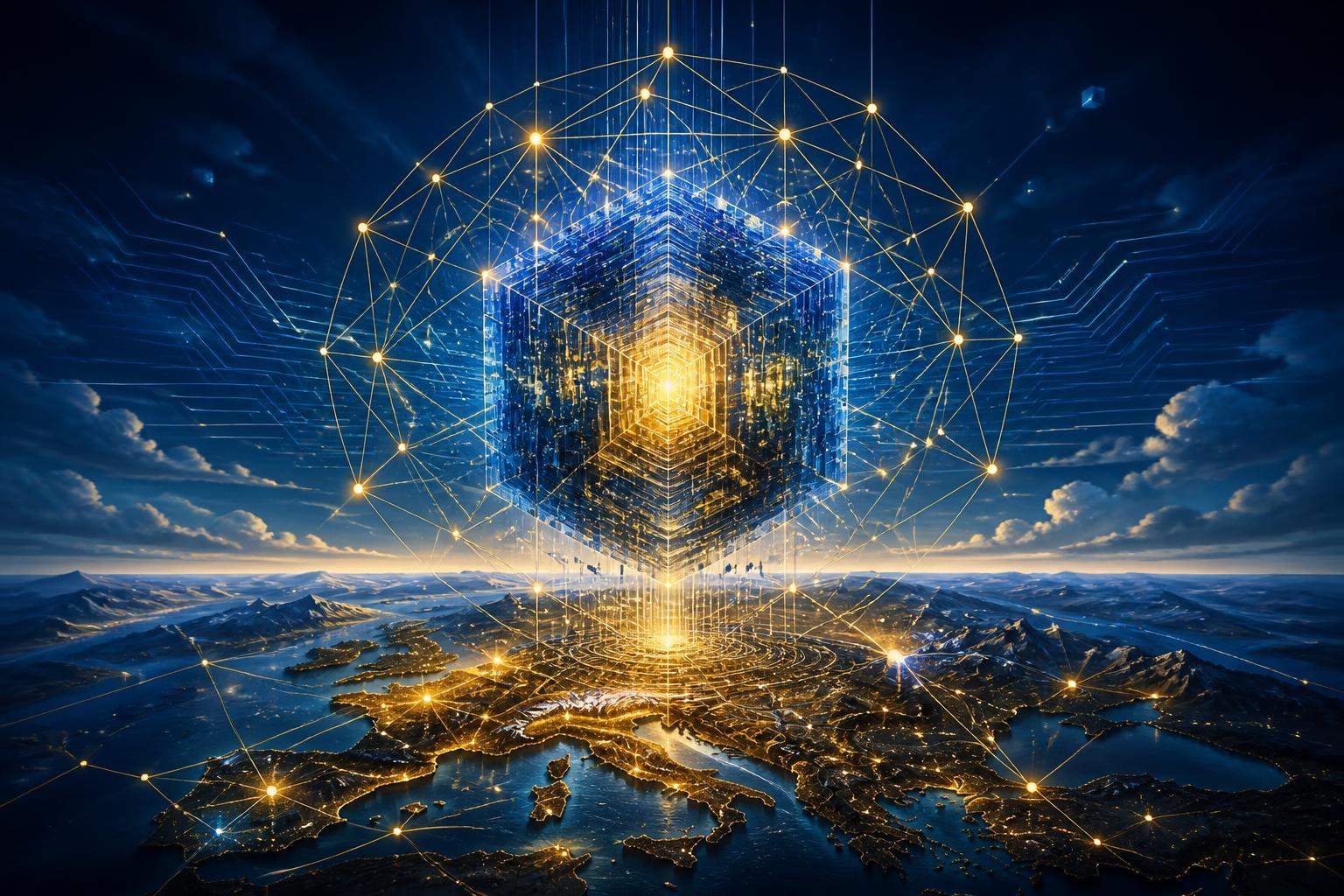 Abstrakter Datenkern über einer stilisierten europäischen Landschaft als Symbol für ein neues großes KI-Modell.