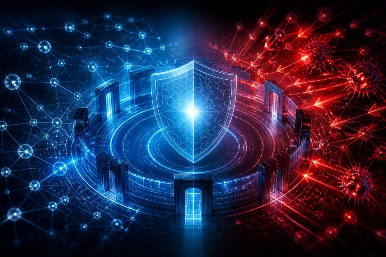 Leuchtender Schutzschild vor einem digitalen Netzwerk als Symbol für kontrollierte KI-Cyberabwehr.