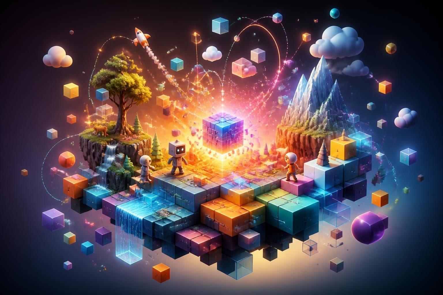 Schwebende Spielwelt aus leuchtenden geometrischen Bausteinen als Symbol für KI-gestützte Spieleentwicklung.