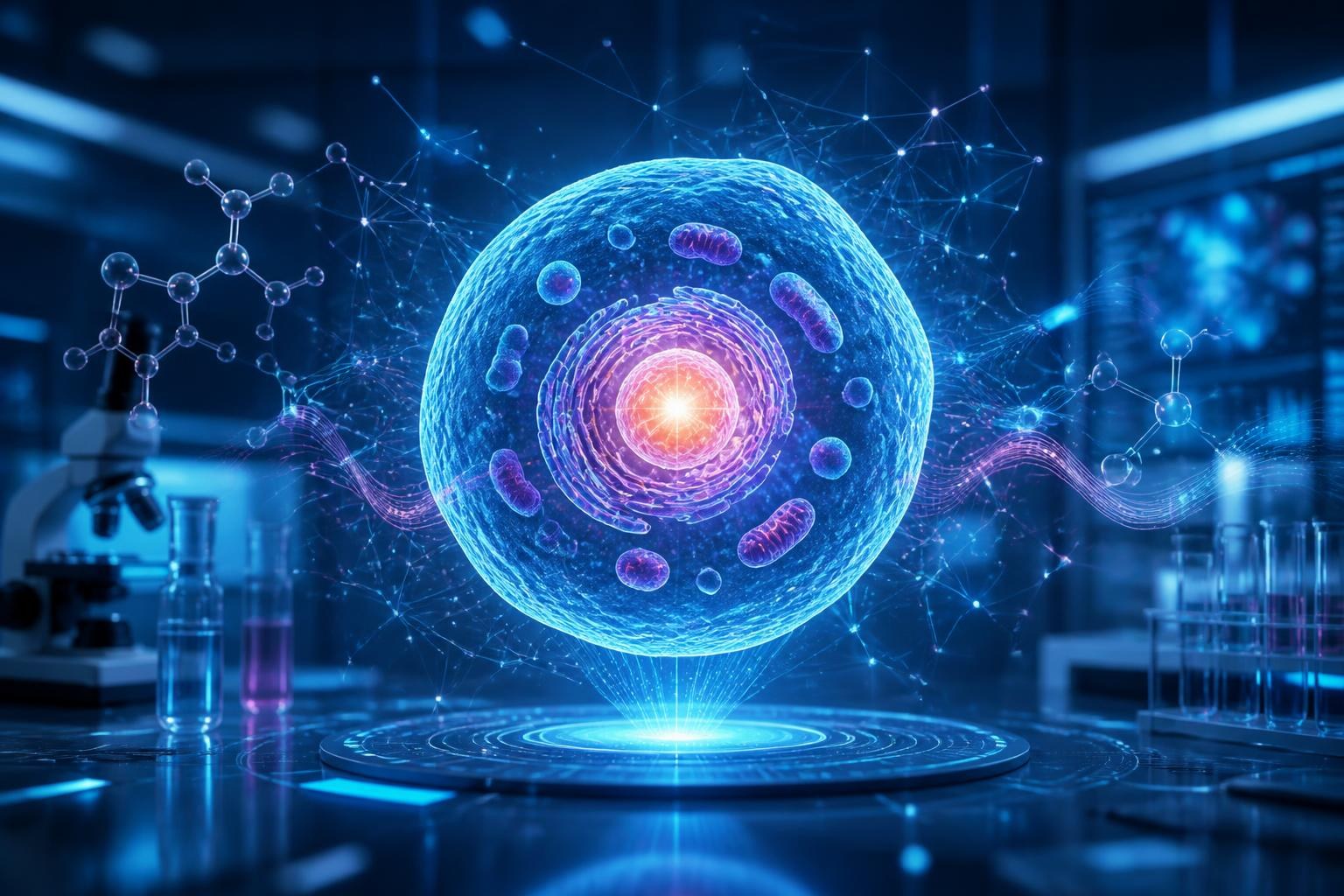Leuchtende abstrakte Zellstruktur über einem digitalen Labor als Symbol für virtuelle Biologie mit KI.
