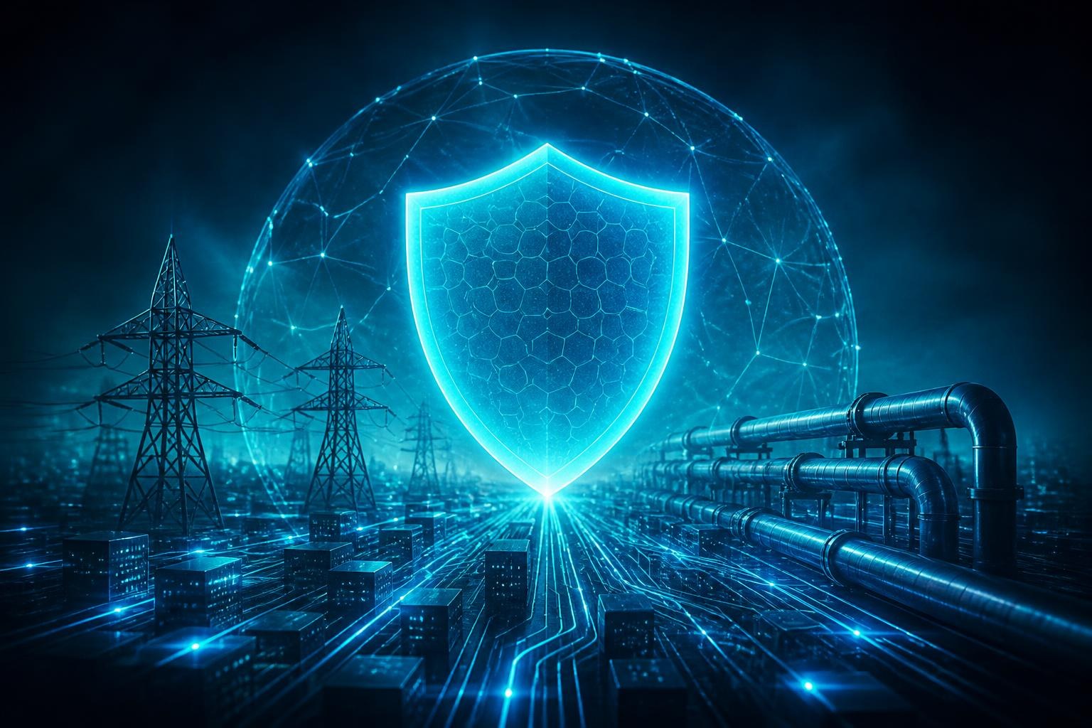 Abstraktes digitales Schutzschild über kritischer Infrastruktur und Quellcode.