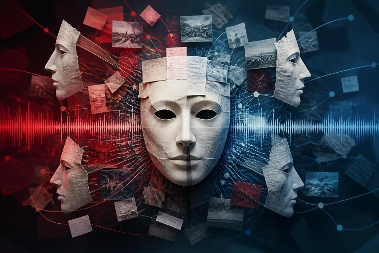 Abstrakte Masken und Nachrichtenfragmente symbolisieren KI-gestützte Einflussoperationen.