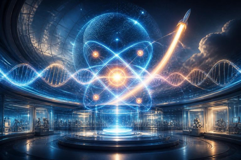 Abstrakte wissenschaftliche Datenströme verbinden Labor, Quantenforschung und Raumfahrt.