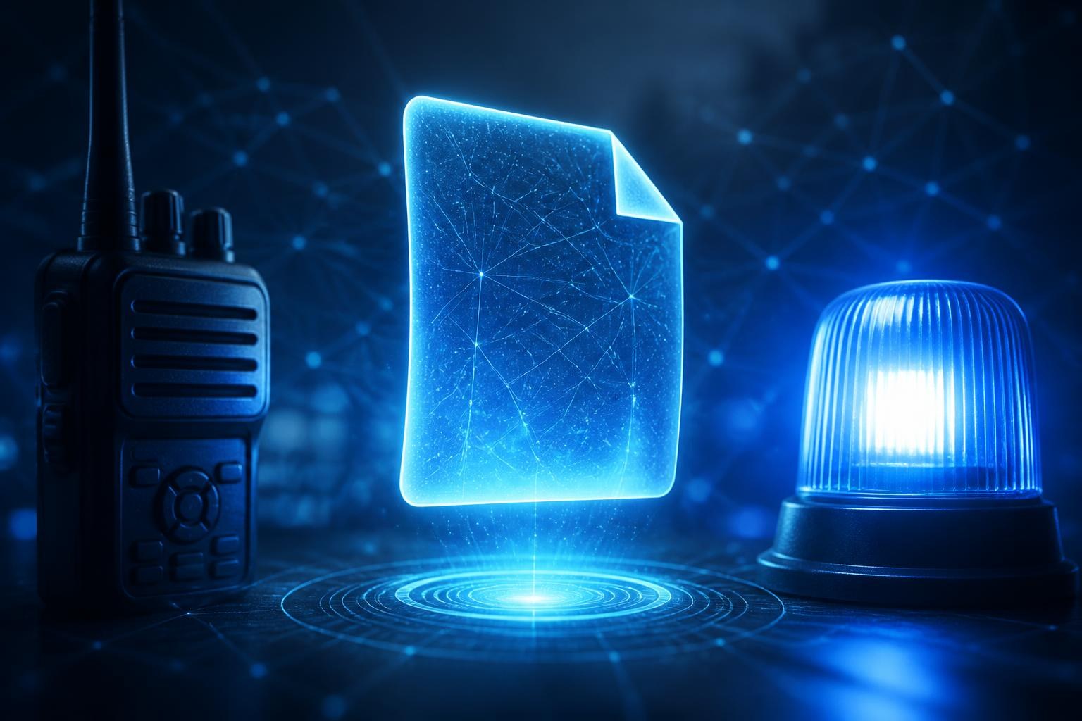 Abstrakter KI-Hinweis mit Warnsignal zwischen digitalem System und Polizeifunkgerät.