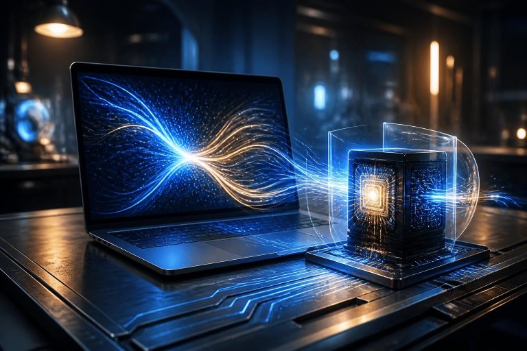 Abstrakter lokaler KI-Computer mit abgeschirmten Datenströmen.