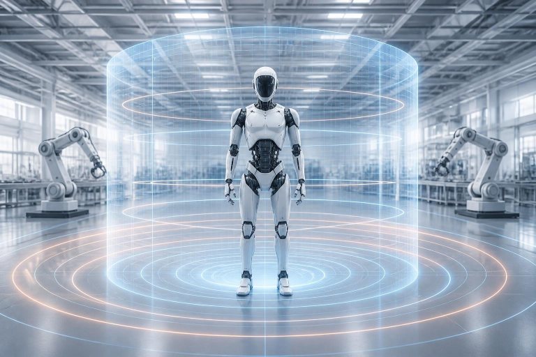 Humanoider Roboter in einem abstrakten Sicherheitsfeld.