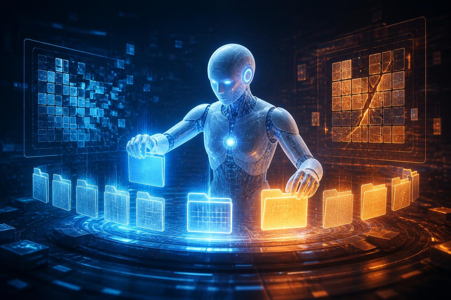 Symbolische Darstellung eines KI-Agenten in einer beschädigten virtuellen Testumgebung.
