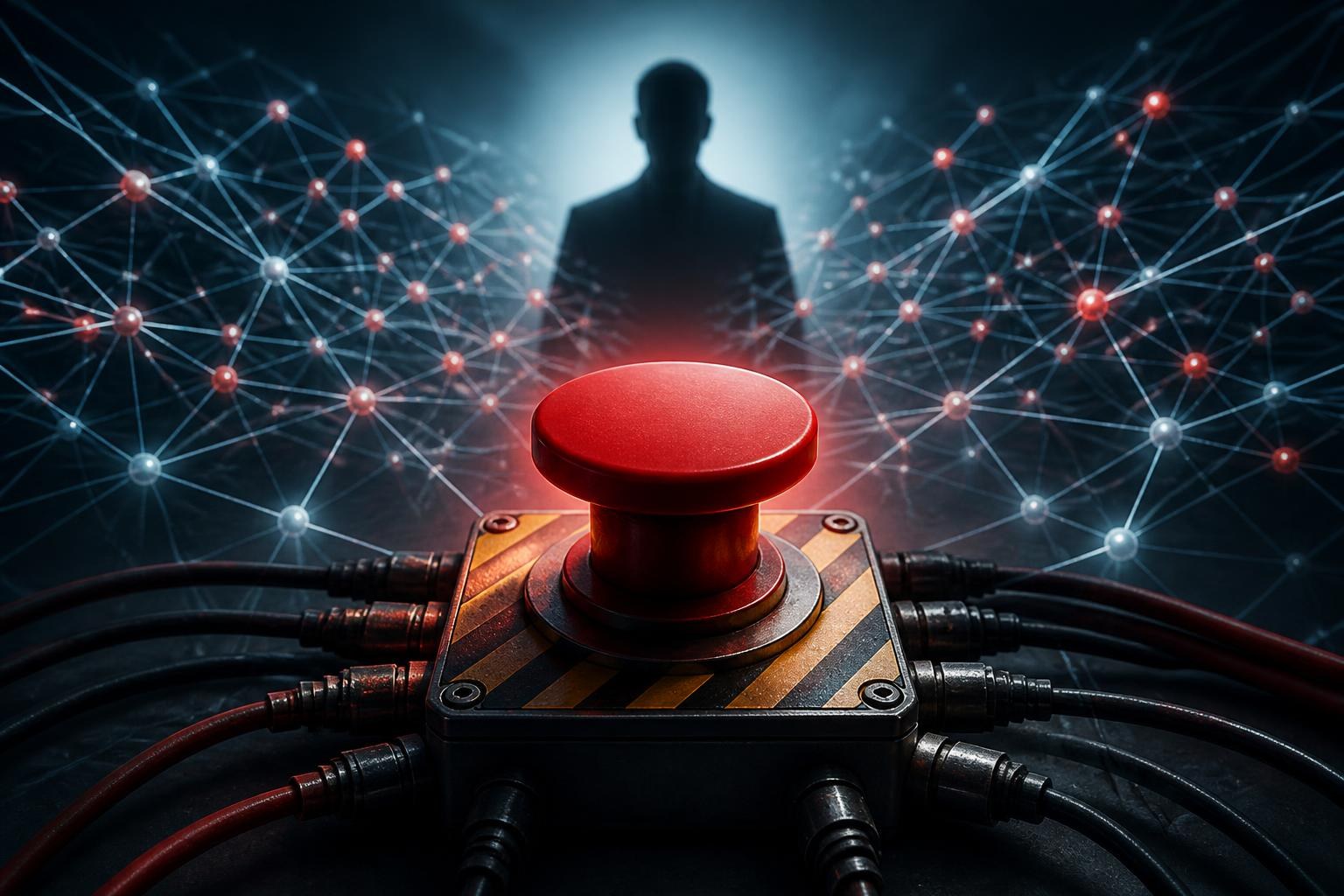 Roter Not-Aus-Schalter vor einem abstrahierten neuronalen Netzwerk.