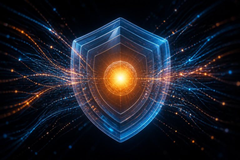 Abstrakter Schutzschild gegen automatisierte Datenabgriffe von KI-Modellen.