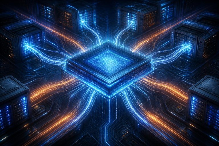 Abstrakter KI-Chip versorgt ein weit verzweigtes Rechenzentrum-Netzwerk.