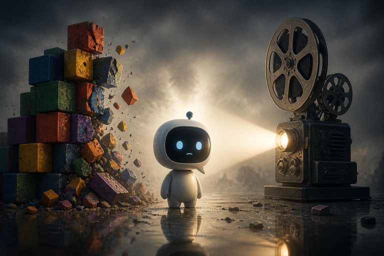 Digitaler Chat-Charakter zwischen zerfallenden Bausteinen und einem Filmprojektor.