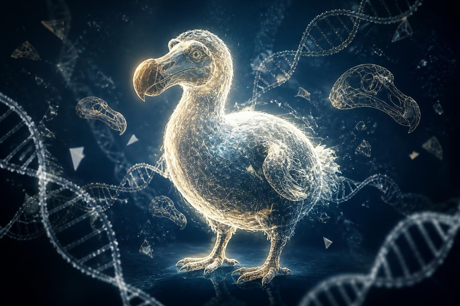 Lichtfragmentierter Dodo zwischen DNA-Strängen und wissenschaftlichen Formen.