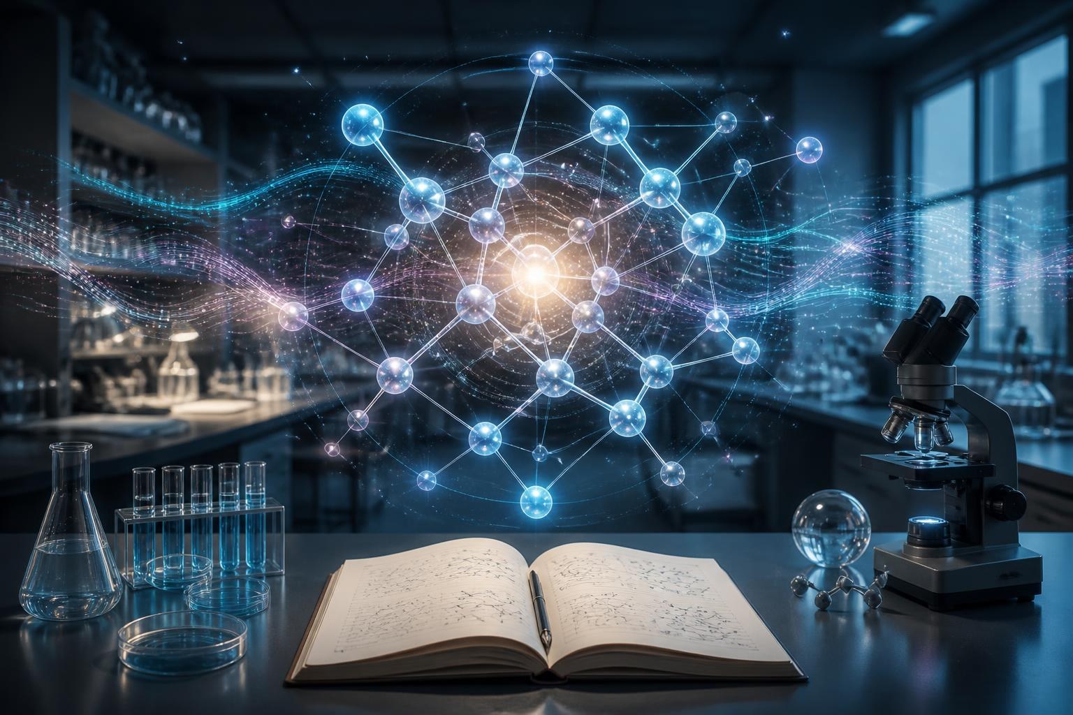 Abstraktes Molekülnetz über einem digitalen Forschungslabor als Symbol für KI-gestützte Wissenschaft.