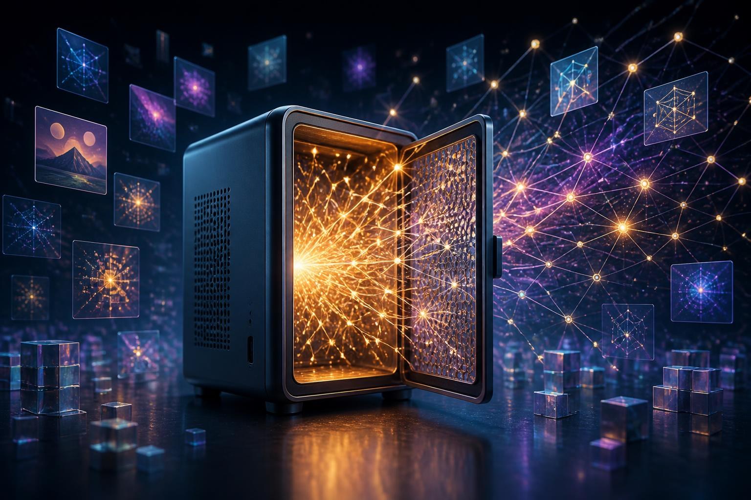 Desktop-Computer mit leuchtendem neuronalen Netzwerk als Symbol für lokale KI.