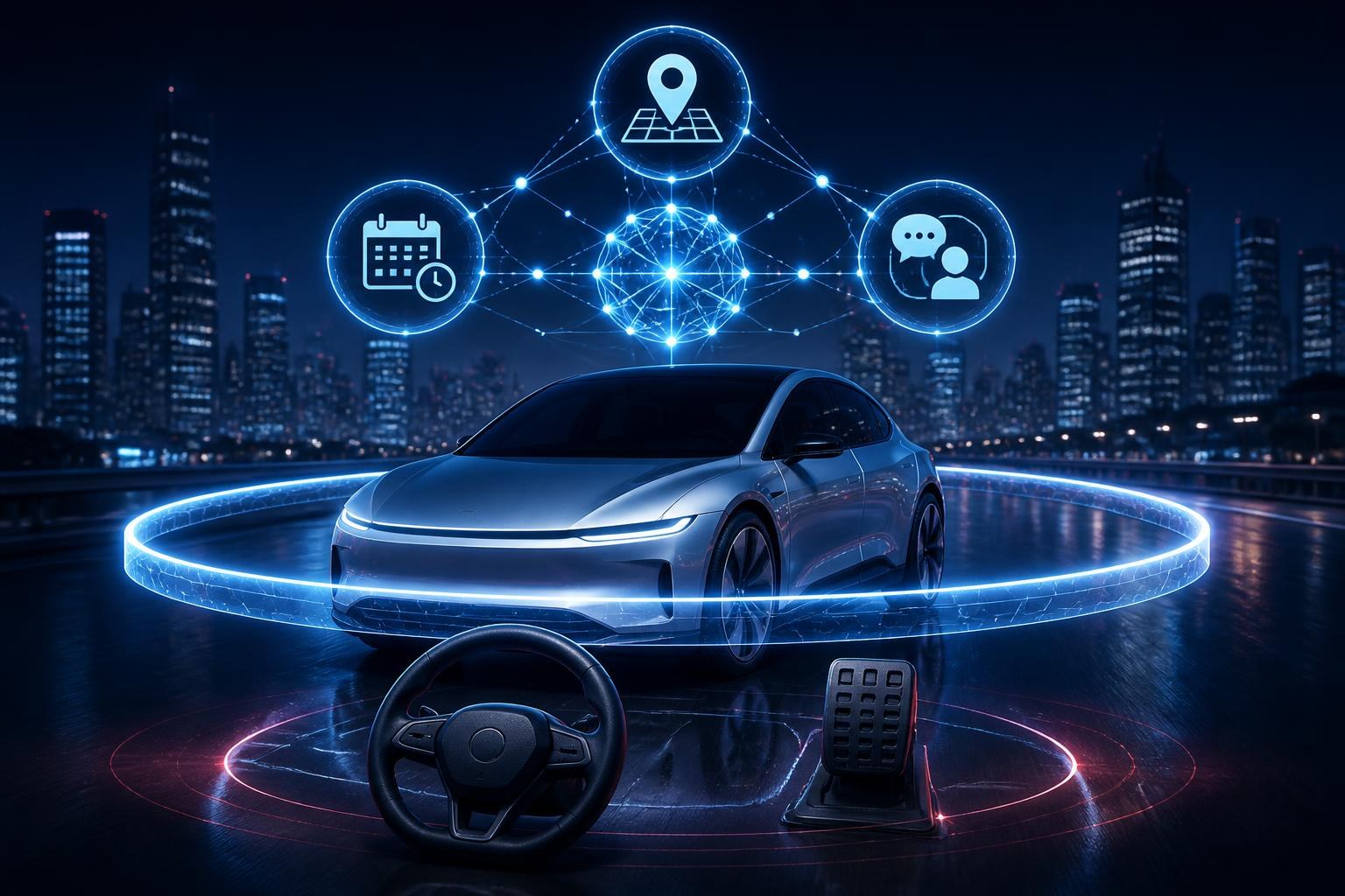 Elektroauto mit schwebenden KI-Knoten und sichtbarer Trennung zu sicherheitskritischen Funktionen.