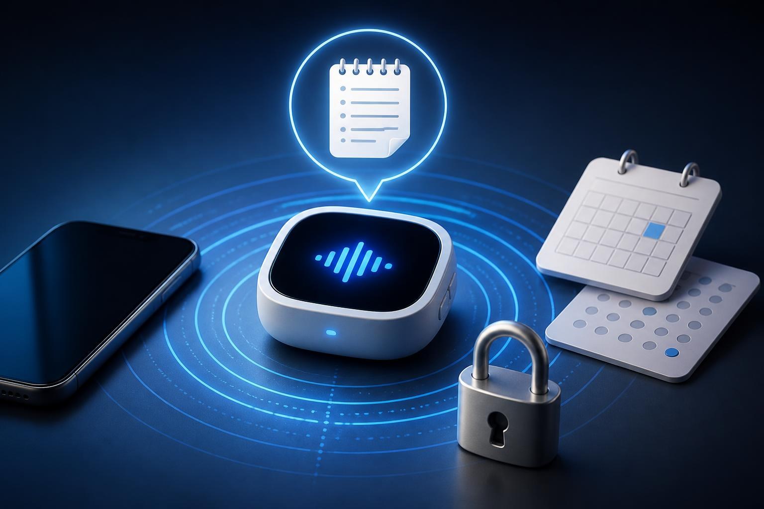 Tragbares KI-Gerät neben Smartphone und Kalenderkarten als Symbol für persönliche Assistenz.
