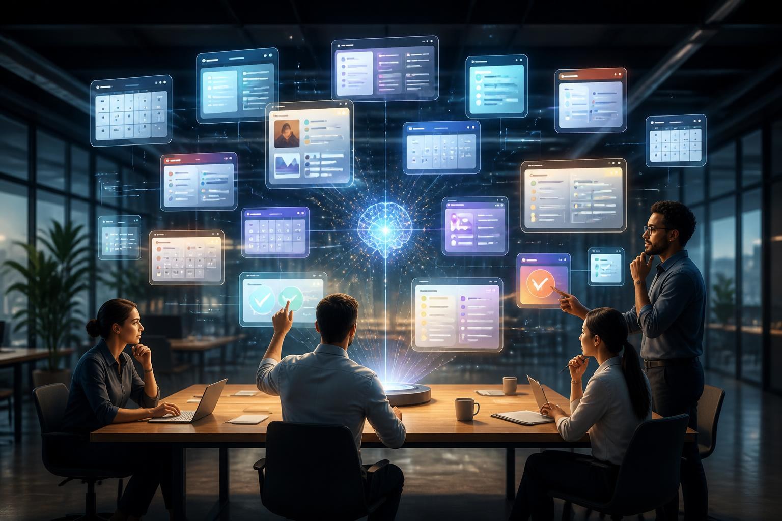 Symbolische Darstellung einer Belegschaft zwischen KI-Automatisierung, Kontrolle und mehr Besprechungen.