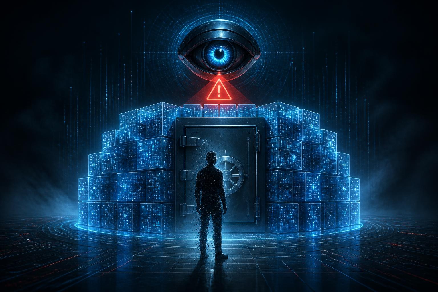 Abstrakte Überwachung eines KI-Agenten vor einem Datentresor.