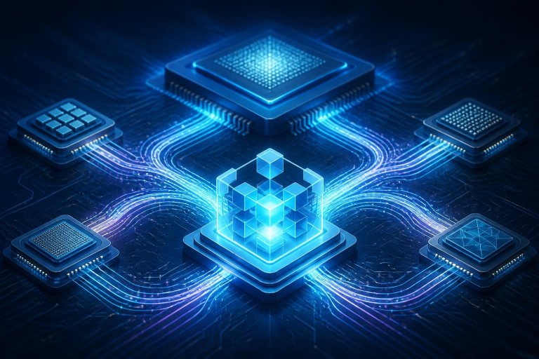 Abstrakte Computerchips und offene Datenwege als Symbol für alternative KI-Hardware.