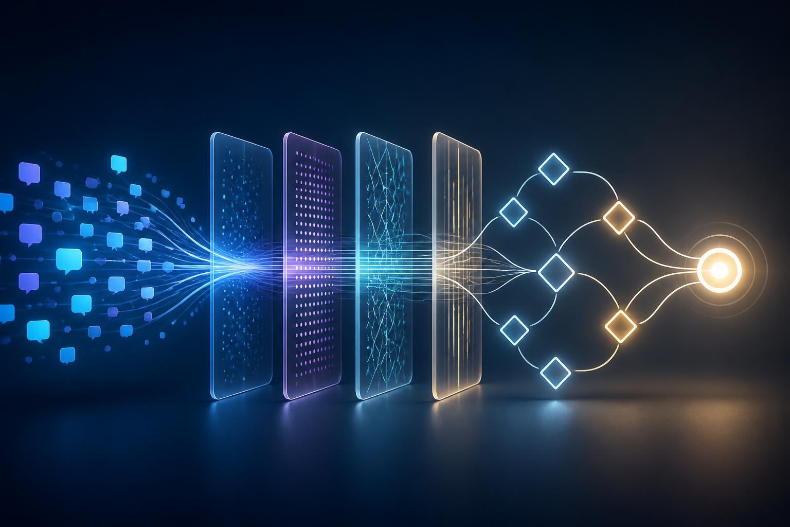 Ein Gesprächsfluss wird durch transparente Filter und Entscheidungsknoten geleitet.