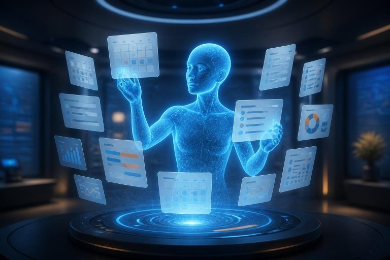 Digitaler Assistent organisiert Aufgaben, Daten und Freigaben im Hintergrund.