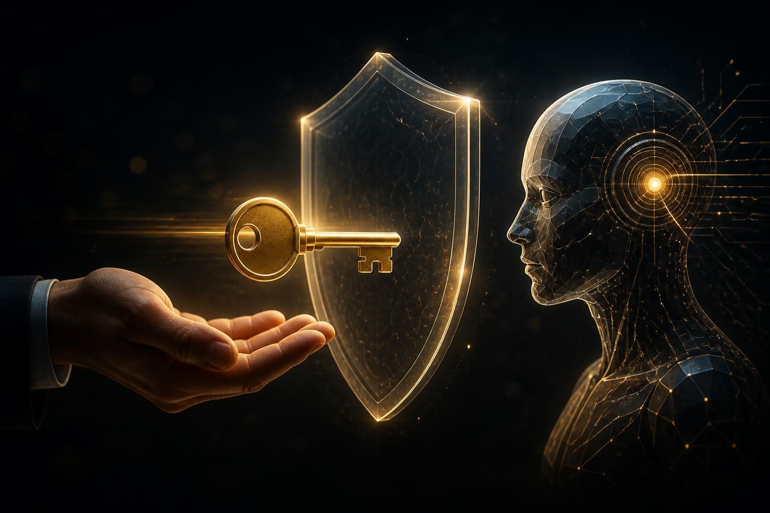 Symbolischer sicherer Login zwischen Nutzer, Passwortmanager und KI-Agent.