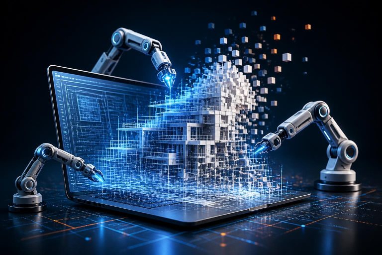 Laptop und autonome Forschung symbolisieren ein lokal laufendes Coding-Modell.