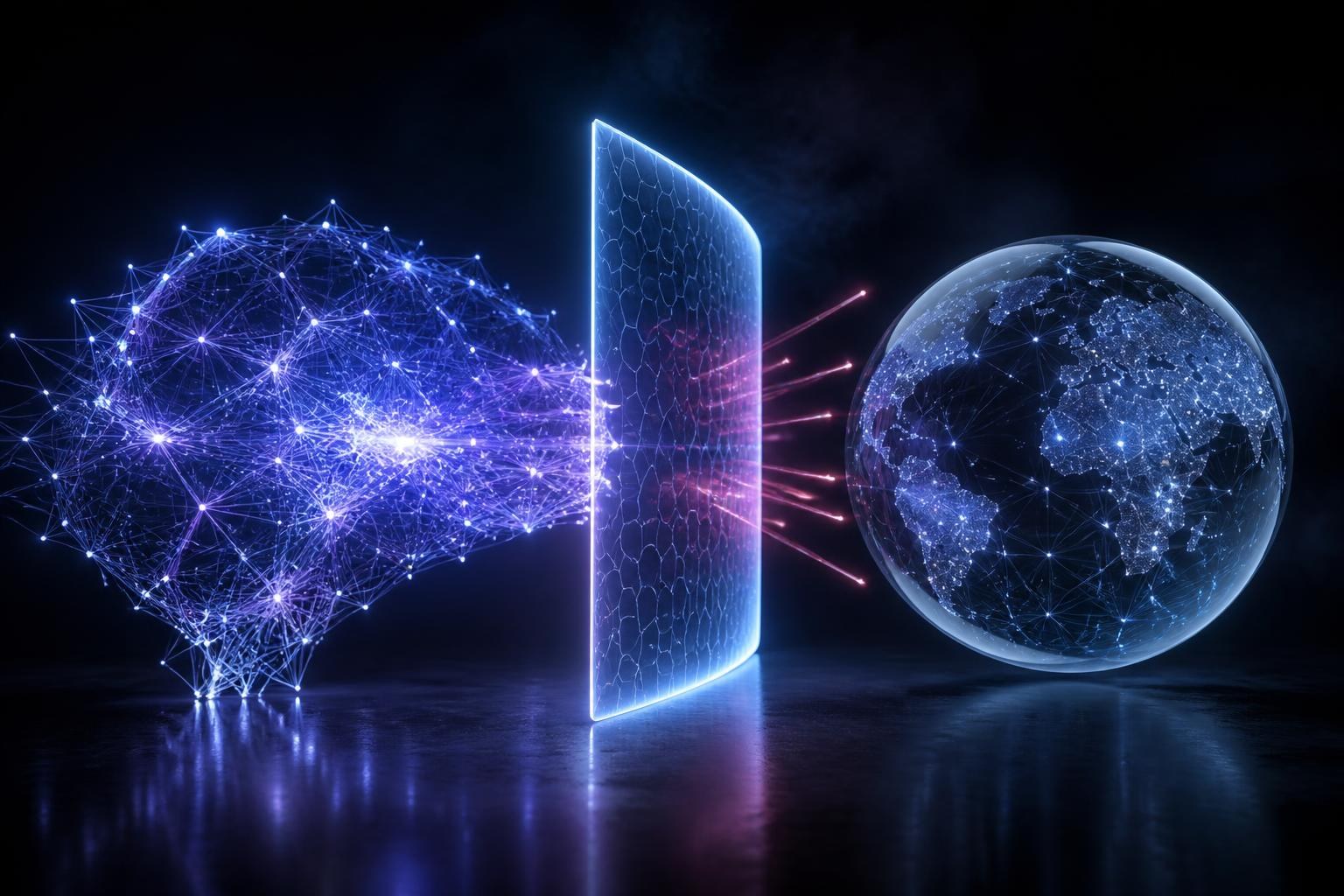 Symbolische Darstellung einer KI, die durch eine Sicherheitsbarriere vom offenen Internet getrennt wird.