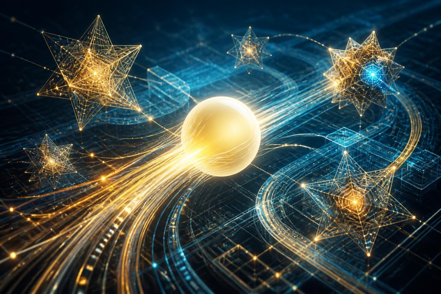 Abstrakter Datenknoten, der mehrere KI-Sterne und ein 3D-Drahtgitter überholt.