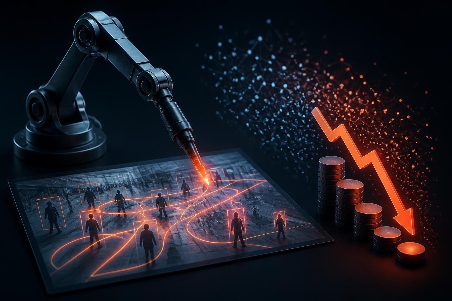 Ein Roboterarm analysiert Videodaten, während Datenpunkte und ein fallendes Kostensymbol die günstigere Beschriftung symbolisieren.