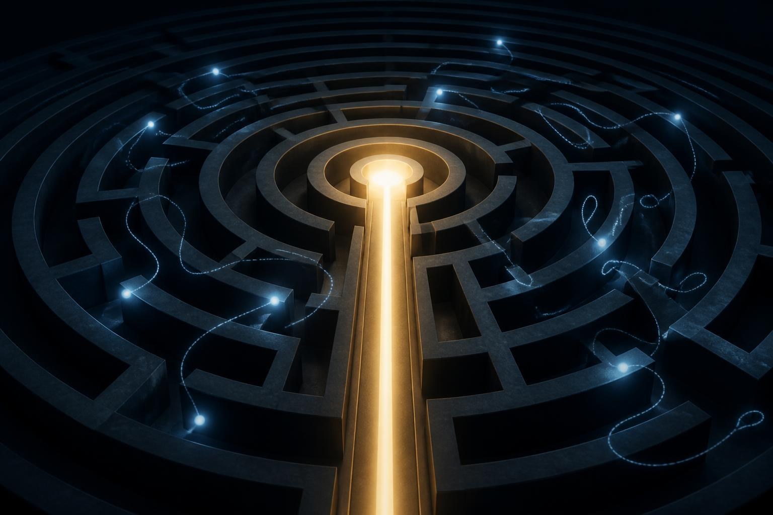 Ein einzelner KI-Agent findet einen direkten Weg durch ein Labyrinth, während viele Agenten sich verheddern.
