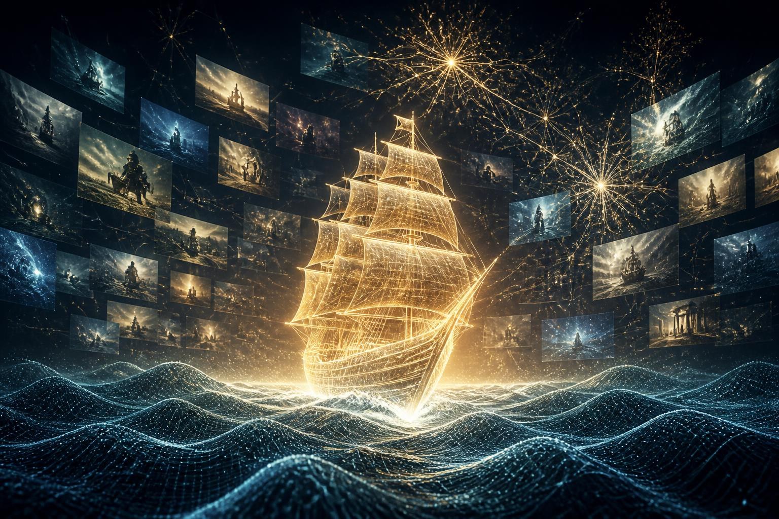 Ein antikes Schiff aus digitalen Lichtfragmenten symbolisiert einen KI-generierten Odyssee-Film.