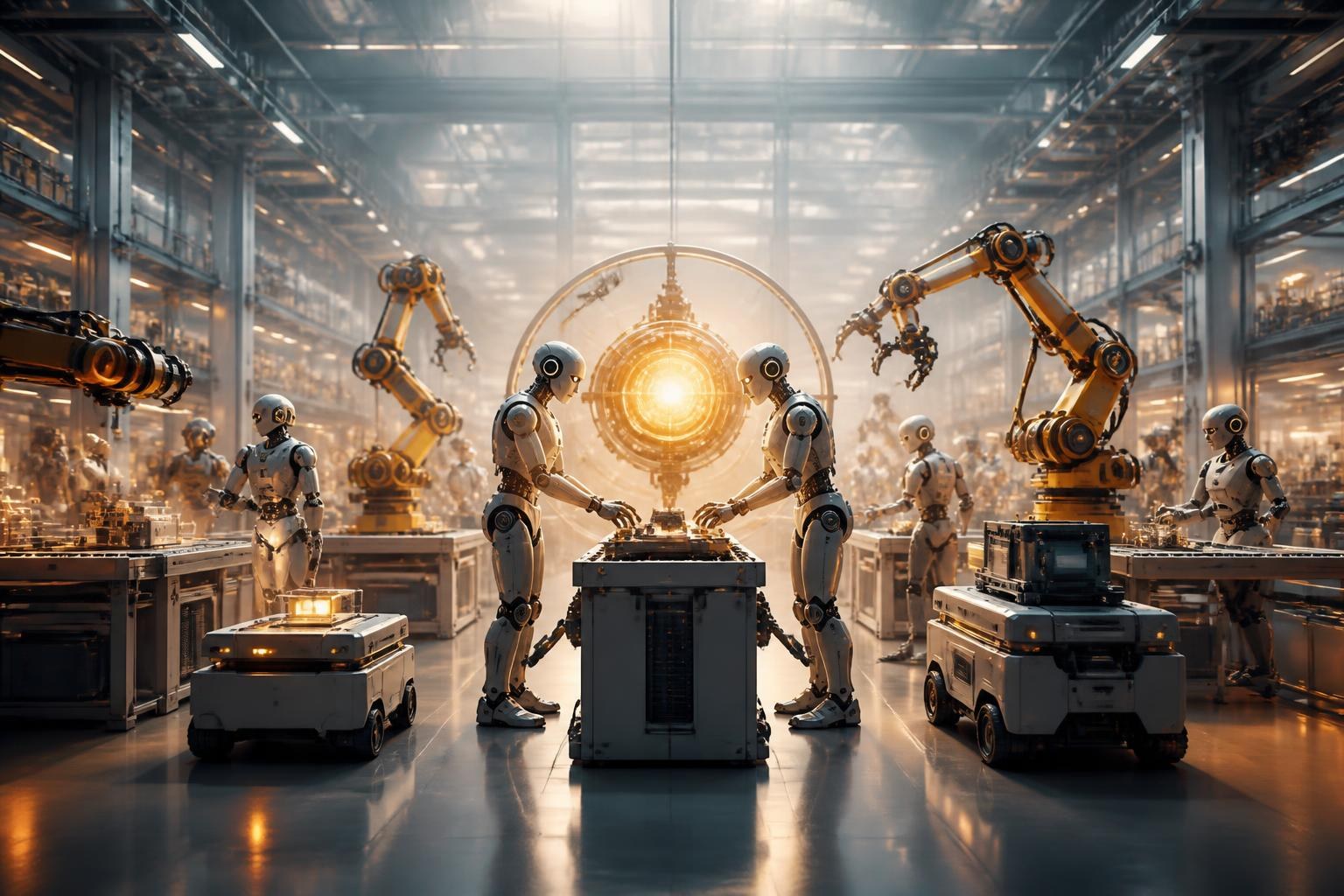 Symbolische Fabrikhalle mit zahlreichen humanoiden und industriellen Robotern.