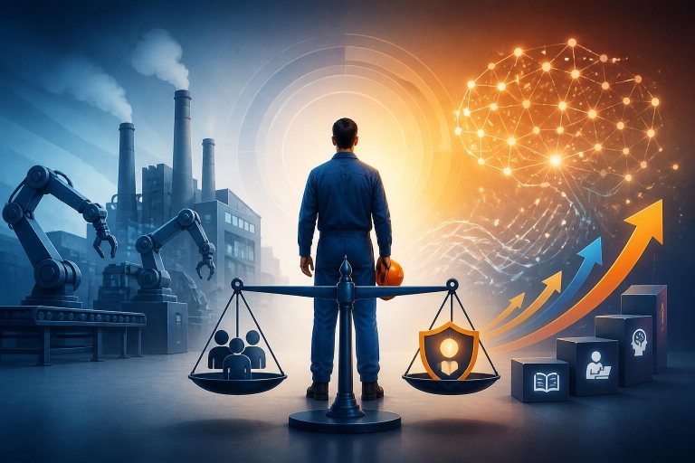 Menschliche Arbeitskraft zwischen automatisierter Fabrik, KI-Netzwerk und Symbolen für Schutz und Weiterbildung.