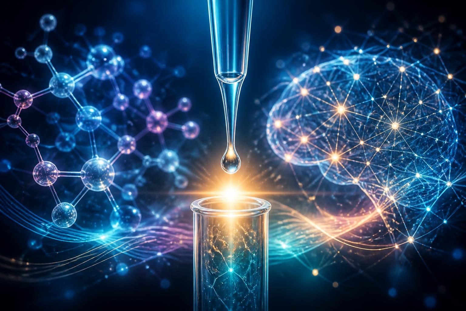 Leuchtende Molekülstrukturen verbinden sich mit einem abstrakten neuronalen Netzwerk.