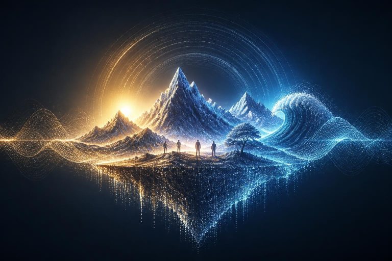 Schwebende digitale Landschaft mit menschlichen Silhouetten und Schallringen.