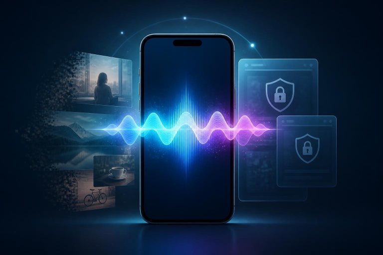 Smartphone mit leuchtender Sprachwelle und geschützten Datenfenstern.