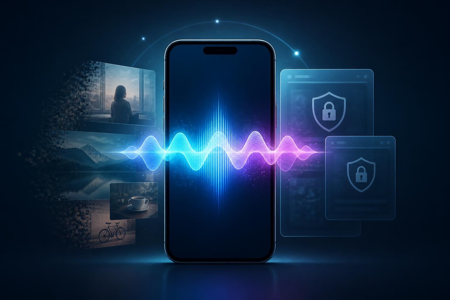 Smartphone mit leuchtender Sprachwelle und geschützten Datenfenstern.